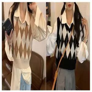 여자 아가일 패턴 니트 조끼 베스트 크롭 레이어드