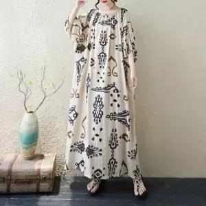 여자 원피스 벌룬 슬림핏 면마 바캉스풍 트렌디 롱스커트 아이템 빅사이즈 플라워 프린트 로브 오버핏 HT1