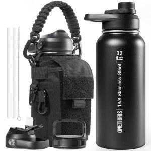빨대가 달린 ONETIGRIS 32온스 단열 물병 - 전술 스테인리스 스틸 물병, 여행, 체육관, 캠핑, 하이킹을 위한 뚜껑 3개와 슬리브가 있는 누수 방지 보온병 와이드 마우스 스포츠