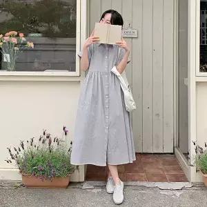 핫핑 [데일리] 리던 루즈핏 스트라이프 반팔 셔츠 롱원피스