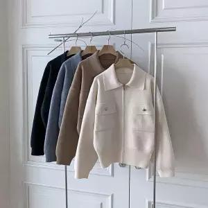 TE 비스코스혼방 미시 간절기 등원 봄 집업 자켓 카라넥 니트 포켓 데일리 40대 여성