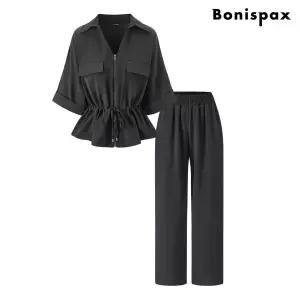 [보니스팍스]페플럼 오픈카라 집업 자켓 밴딩 롱 팬츠 셋업 (XQ2OW003L0)