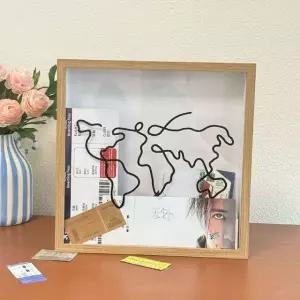 여행기록 여행티켓 보관함 추억상자 투명 콜렉트 내추럴우드 지도스타일 29cmx29cm