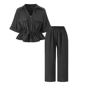 [보니스팍스]페플럼 오픈카라 집업 자켓 밴딩 롱 팬츠 셋업 (XQ2OW003L0)