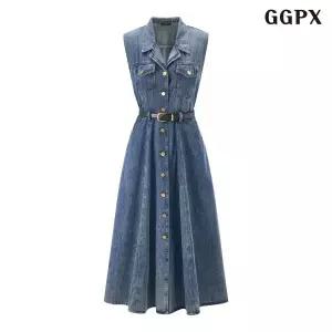 [GGPX]벨티드 민소매 데님 카라 롱 원피스 (GQBOW025D)