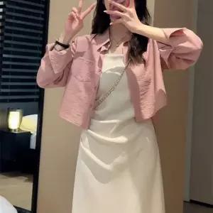 [아리엘스타일]셔츠레이어드 슬립원피스 컬러매치셋업 봄레인원피스세트