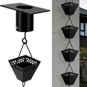 HANAYARD 스퀘어 빗물 체인 외부 홈통용 검은 파우더 코팅 받침 다이버터 금속 야외 장식용 8.5피트 w/V