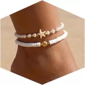 여성용 페시오리 쉘 발목 팔찌 금도금 보호 발찌 세트 진주 구슬 불가사리 소라 조개껍데기 조절 가능한