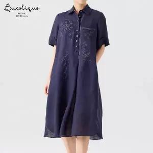 [비꼴리끄]린넨 자수 셔츠 카라 원피스 B262WO3090