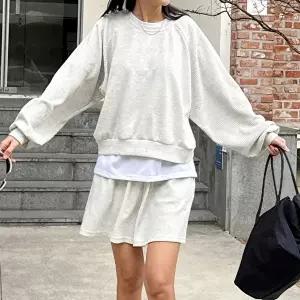 [옷자락]여자 와플 나그랑 퍼프 맨투맨 밴딩 반바지 츄리닝 세트