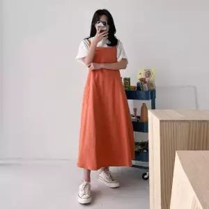 여성 봄 여름 국산 린넨 면 나시 롱 원피스 민소매 앞치마 OP0613S 빅사이즈 루즈핏