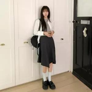 [옷자락]여자 사선 절개 트임 A라인 미디 스커트