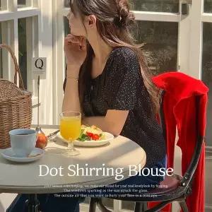 핫핑 [러블리/구김X] 트로키 도트 스퀘어넥 리본 퍼프 반팔 셔링 블라우스