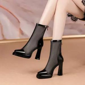 여름 롱부츠 시스루 매쉬 뒷지퍼 부티힐 통굽 펀칭