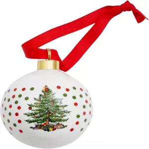 스포드 크리스마스 트리 폴카 닷 보블 - 빨간 리본이 달린 축제용 도자기 홀리데이 장식 걸이 화환 스타킹