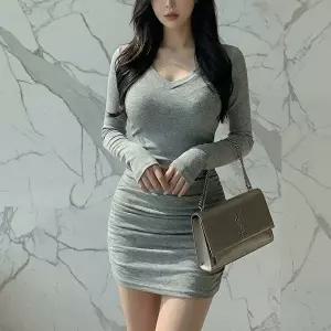 [신상오픈런]|KCO5A2F|여성용 스판 브이넥 긴팔 미니 원피스 데일리 데이트룩