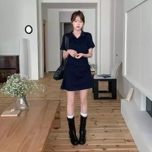 KHO5A54여성 면혼합 사이드 셔링 슬림 카라 반팔 미니드레스