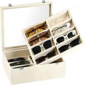 프리뷰티 16 슬롯 선글라스 정리함 유리 뚜껑이 있는 레이어 벨벳 트레이 2개 남녀용 멀티 페어 디스플레이
