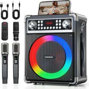 무선 마이크 2개가 장착된 후아바오 노래방 기계 성인 및 용 휴대용 블루투스 스피커 리모컨 조명이 PA