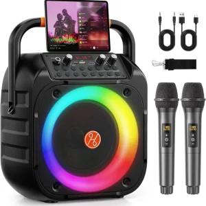 화롄 노래방 기계 무선 마이크 2개 포함 휴대용 블루투스 에코 조정 LED 조명 PA 시스템 스피커 지원 TV