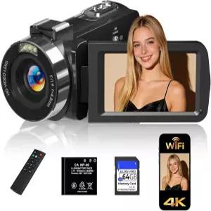 Gtonster 디지털 카메라 4K 비디오 캠코더 UHD 56MP WiFi 브이로그 18배 줌 IR 나이트 비전 3.0인치