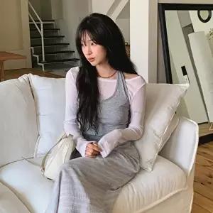 [옷자락]여자 여름 린넨 홀터넥 슬림핏 레이어드 니트 롱스커트 투피스