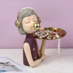 레진 버블껌 소녀 장식품 메탈 트레이 홈 데코 데스크탑 캐릭터 피규어 공예품 정리 팔레트
