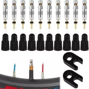 MTB 자전거 타이어용 프레스타 밸브 코어 수리 키트 22개 10개 캡 플라스틱 버클 황동 스템 어댑터 2개