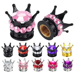 4개 크라운 타이어 스템 커버 범용 크롬 블루레이 라인스톤 자동차 액세서리