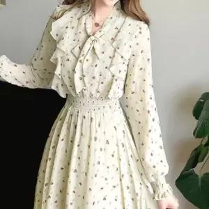 여성 긴팔 쉬폰 리본 프릴 롱 플라워 꽃무늬 원피스