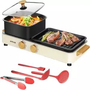 AORAN 2-in-1 실내 전기 그릴 전골 콤보 1400W 듀얼 존 무연 쿠커 4피스 BBQ 액세서리 세트 논스틱 및 이지