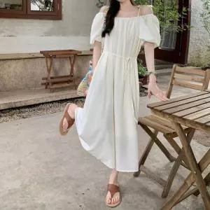 넥라인 셔링 디테일 오프숄더 퍼프 소매 롱 원피스편한 바캉스 여름 셔츠 플리츠 린넨 랩원피스 나시 끈나