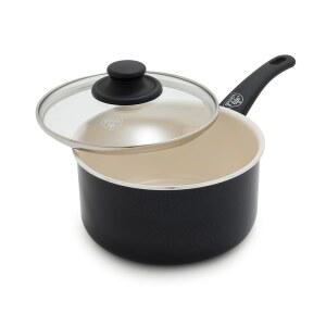 GreenLife 2.5QT 논스틱 소스팬(유리 뚜껑 포함), 부드러운 그립감, PFAS 프리 세라믹, 다용도 셰프 팬, 밀크 & 소스 요리 냄비, 식기세척기 및 오븐 안전한 350도 F, 스테이 쿨 핸들, 블랙