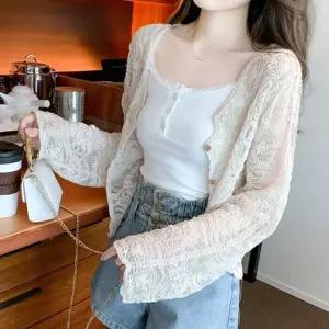여름 레이스 시스루 가디건 여성 비치웨어 썸머 긴팔 웨어 볼레로 펀칭 망사 그물 크롭 루즈핏 여리여리 바