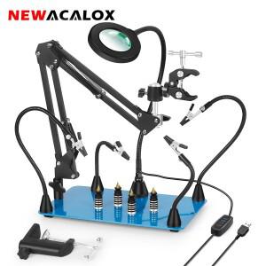 NEWACALOX 자석 납땜 보조기 대형 철판 베이스 히트 건 홀더 PCB 클립 3X LED 확대경 작업대