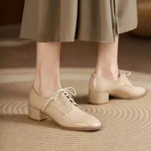 소가죽 미들힐 옥스포드화 통굽 로퍼 단화 여성 레이스업 스몰