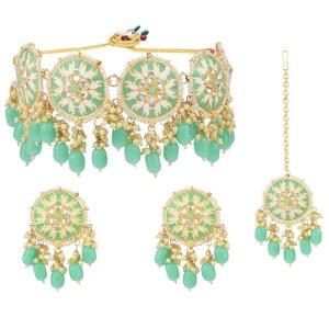 에풀겐즈 인디언 웨딩 주얼리 전통 쿤단 인조 진주 구슬 크리스탈 초커 목걸이 원형 귀걸이와 마앙 티카 브라이덜 세트 볼리우드 주얼리 여성