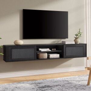 전원 콘센트가 있는 WAMPAT 70인치 플로팅 TV 스탠드 라탄 도어가 벽면 장착 미디어 콘솔 거실 침실용 케이블 관리가 가능한 우드 엔터테인먼트 센터 블랙