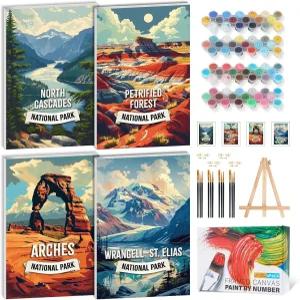 나무 이젤이 있는 숫자 키트로 구성된 4팩 페인트 초보자를 위한 프레임이 캔버스에 국립공원 가정용