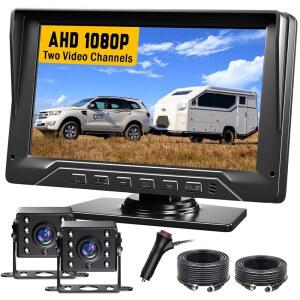 듀얼 RV 백업 카메라 플러그 앤 플레이 트럭 트레일러용 7인치 지연 없음 1080P HD 2채널 150 광각 DIY 가이드 라인 야간 투시 IP69 후방