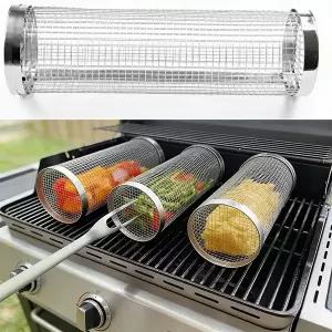 철망 스텐 메쉬망 스테인리스 스틸 실린더 롤링 그릴 바스켓 휴대용 원형 바베큐 랙 와이어 메쉬 그레이트