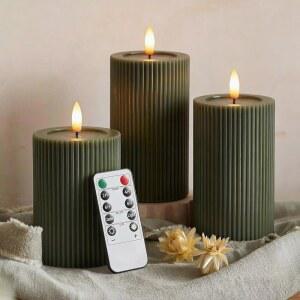 WYZworks 플럭티드 리브드 LED 기둥 캔들, 로덴 그린, 사실적인 반사 멜트 왁스 효과 u2013 깜박이는 불꽃, 리모컨, 희미하게, 불꽃 없음, 배터리 작동, 홈 및 웨딩 데코(3종 세트)