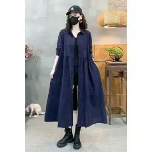 빈티지 가을 원피스 여성용 롱 면마 트렌치 카디건 스크래치 OP3