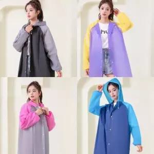 여성 후드 배색 레인코트 우비 여자 장마 방수 롱 코
