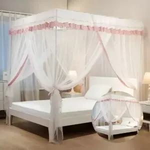 ( )체크 커튼형 침대 모기장 150x200cm 핑크 사각모기장프레임 대형모기장 레이스모기장