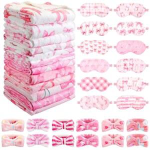 팬팬윈 36개 여자 슬립오버 파티 용품 12스타일 귀여운 핑크 분홍색 보우 담요 12코랄 후리스 스파 헤드밴드 12플러시 마스크 커버 슬럼버 선물(귀엽)
