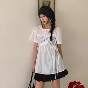 [옷자락]여자 스트링 사선 셔링 플레어 튜닉 블라우스_P421760028