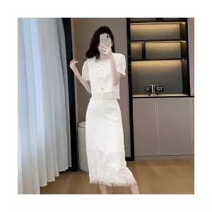 치마 여성 미디 여름 투피스 트렌디 자켓 반팔 쉬폰 H라인 레이스 플리츠 정장세트 아이템 HT2