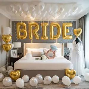 골드 브라이덜 샤워 파티 장식과 40인치 편지 진주 풍선 새시 베일 다이아몬드 반지 하트 모양 바첼로레트