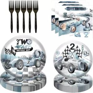 80개 빈티지 경주용 자동차 두 번째 생일 파티 용품 장식 - 개의 빠른 디저트 접시 냅킨 포크 식기 키트